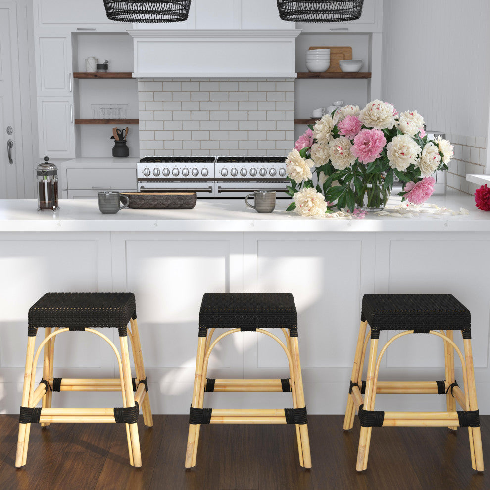 Robias Rectangular Rattan 24.5" Counter Stool, Black