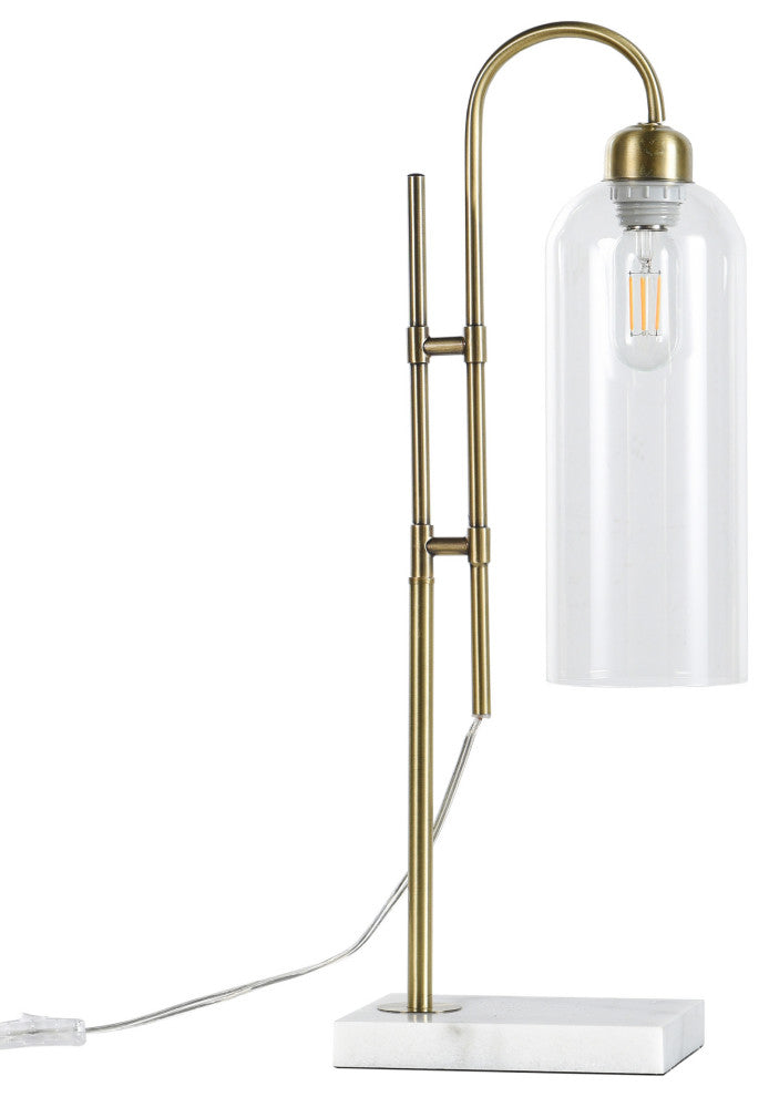 Oro Gold Table Lamp Brushed Gold Curved Design and Marbled Base Clear Shade