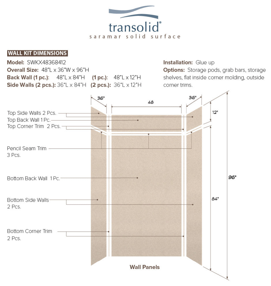 Transolid SaraMar 48"x36"x96" 6-Piece Shower Wall Kit, Cashew Velvet