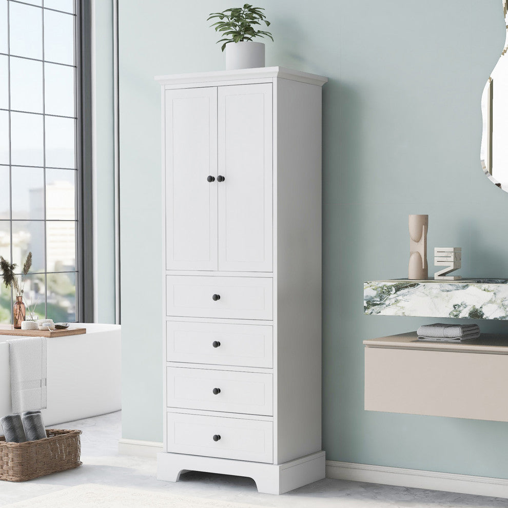 24 in. W x 68 in. H MDF Bathroom Storage Cabinet with Two Doors and Four Drawers, White