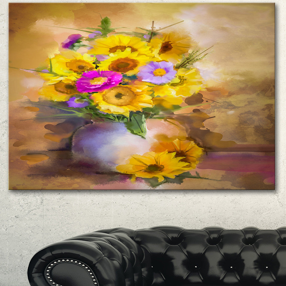 Yellow Sunflower and Violet Aster Flowers, Floral Wall Art, 60"x28"