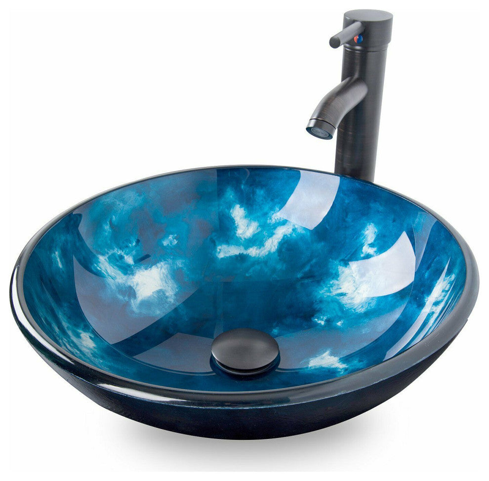 ELECWISH Glass Bathroom Vessel Sink, Vessel Faucet, Blue