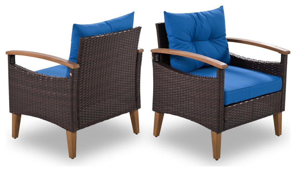 4-Piece Outdoor Wicker Patio Sofa Set with Wood Table and Removable Cushions, Blue