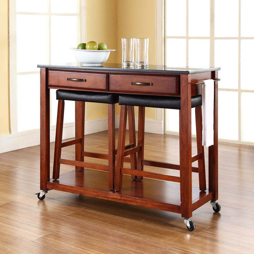 Solid Black Granite Kitchen Cart, Classic Cherry, 24" Upholstered Saddle Stools
