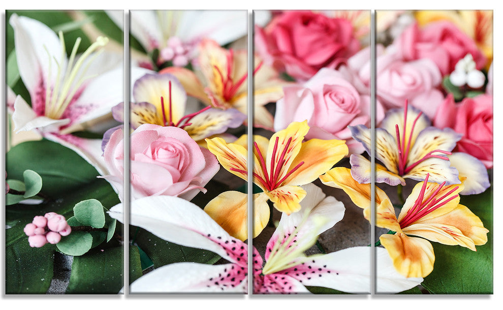 Beautiful Sugar Flower Decoration, Flower Artwork on Canvas, 48"x28", 4 Panels
