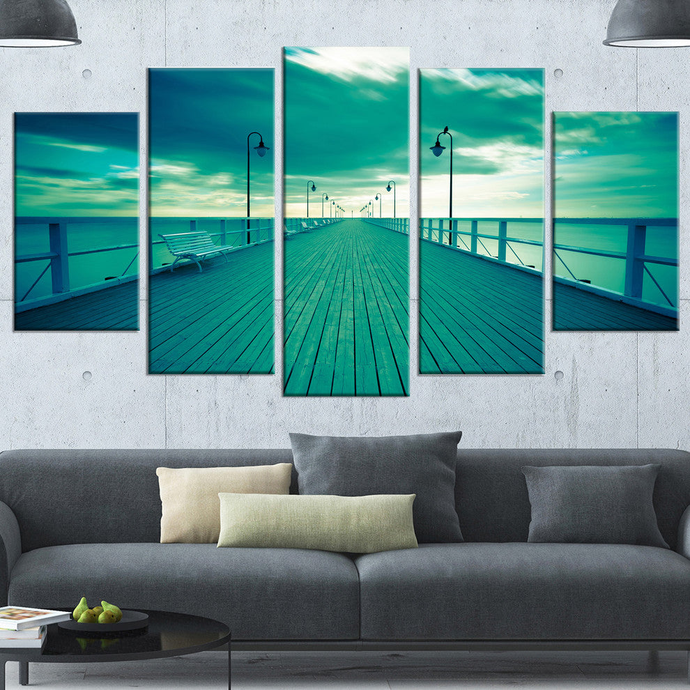 Blue Seascape With Wooden Pier, Bridge Canvas Art Print, 60"x32", 5 Panels