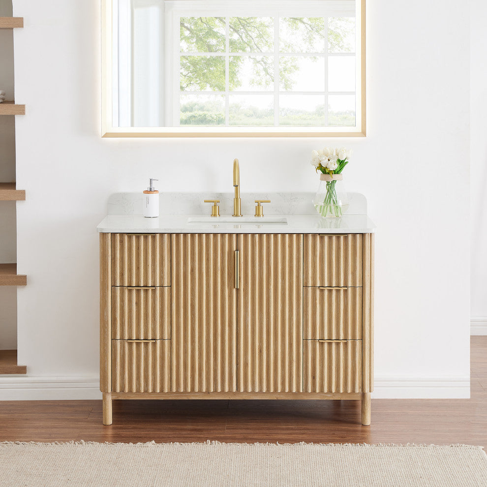 Sierra Bathroom Vanity, Washed Light Brown, 48inch, Without Mirror