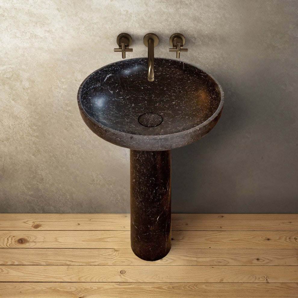 Natural Stone Black Marble Pedestal Round Sink Polished (D)20" (H)33.5
