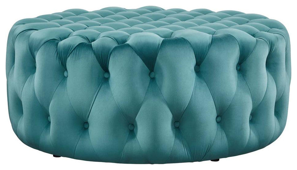 Amour Tufted Button Large Round Performance Velvet Ottoman