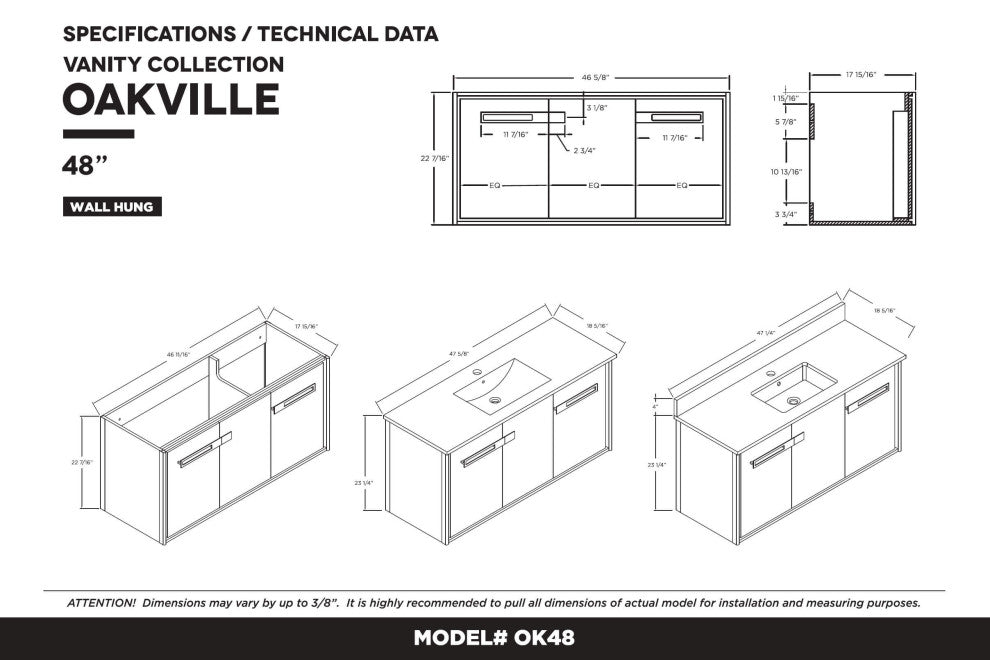 Oakville Wall Mount Bathroom Vanity, White Matte, 48", Satin Brass Hardware