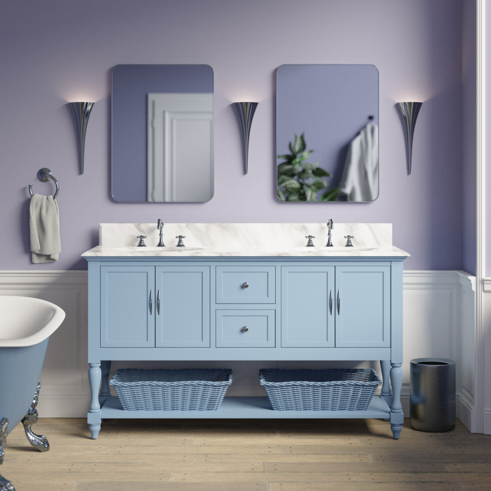 Beverly 60" Bath Vanity, Powder Blue, Carrara Marble, Double Vanity