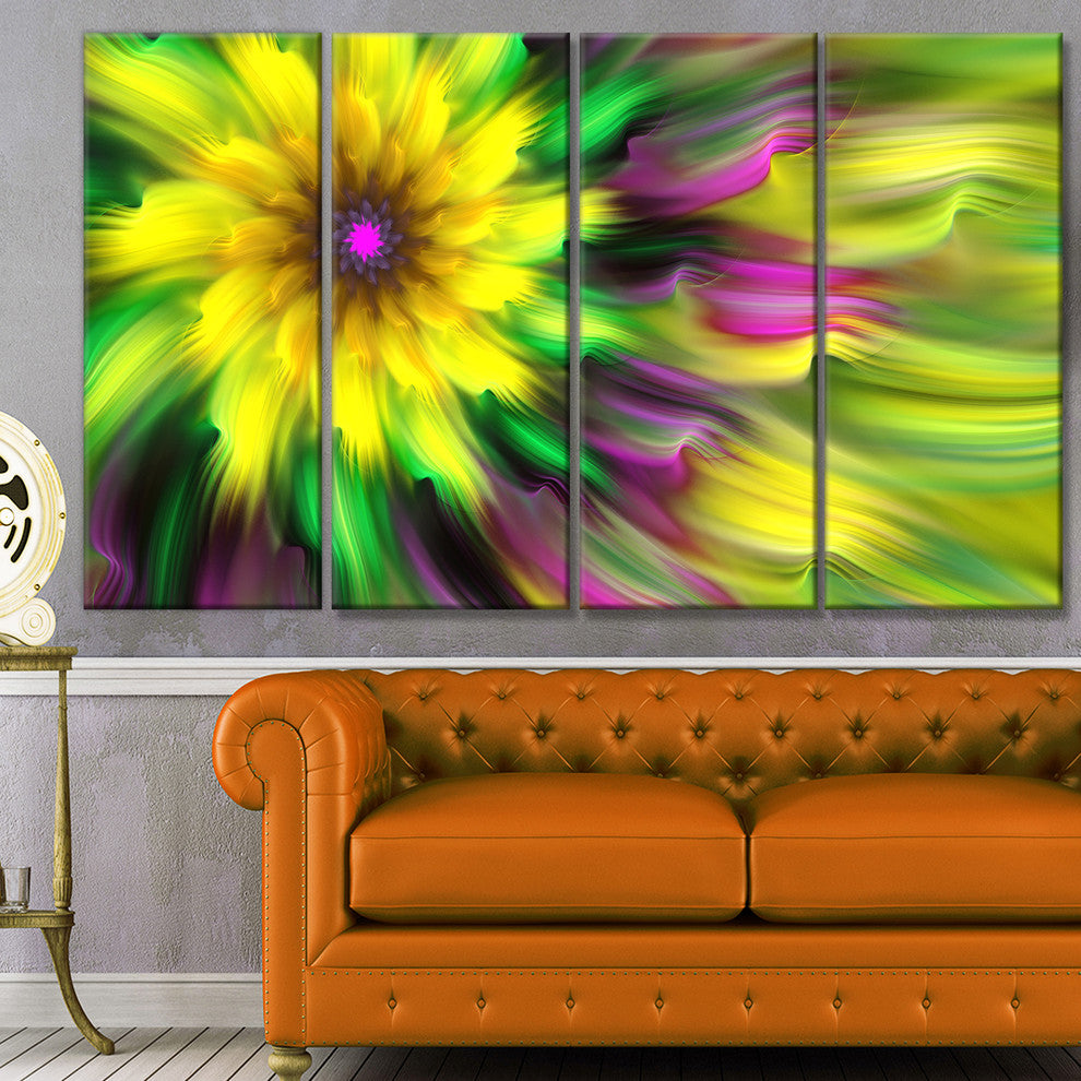 Dance of Yellow Exotic Flower, Floral Canvas Art Print, 48"x28", 4 Panels
