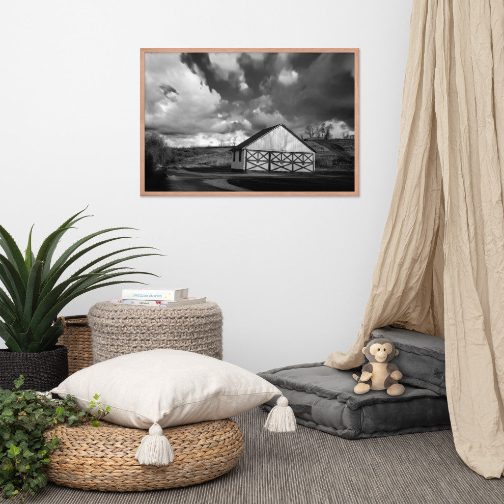 Aging Barn Morning Sun in Black and White Framed Photo Paper Wall Art Prints, Red Oak, 24" X 36"