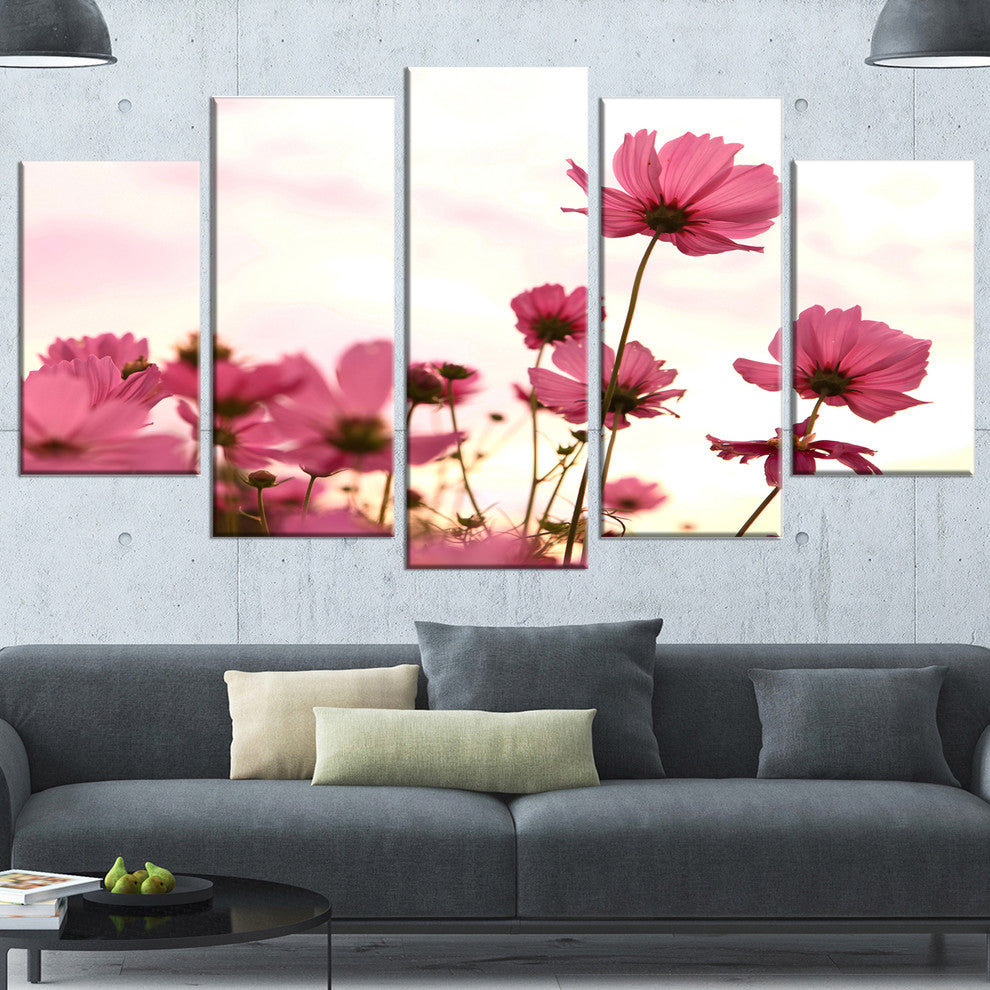 Cosmos Flowers Meadow At Sunset, Floral Canvas Art Print, 60"x32", 5 Panels