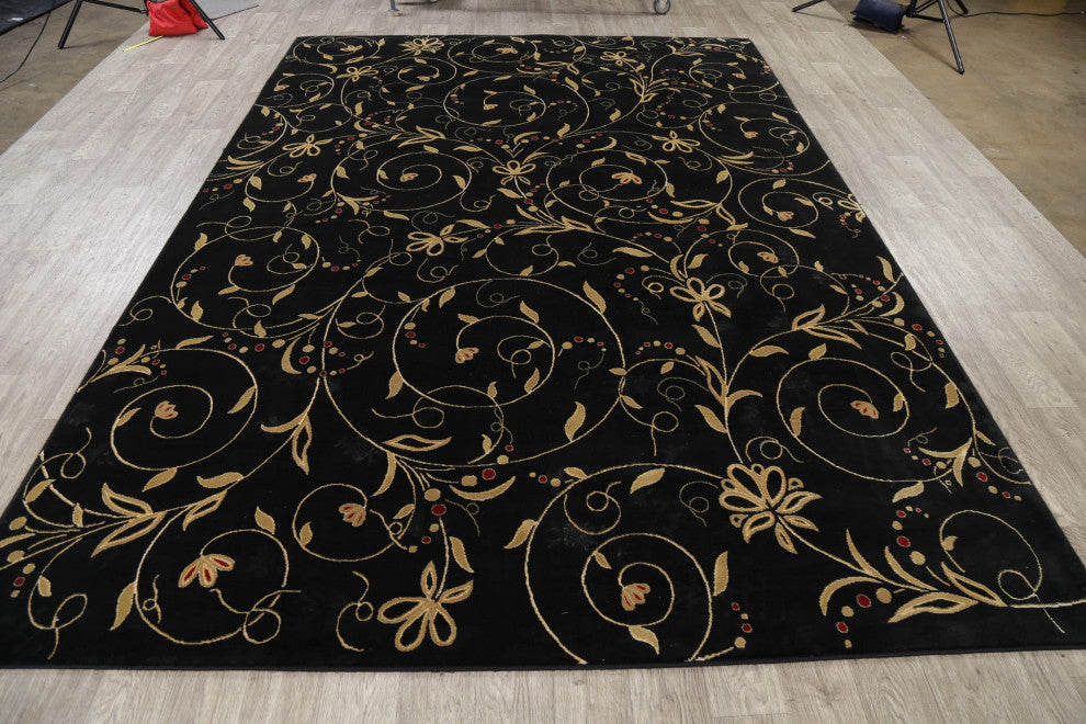 Modern Nature & Floral Carpet Transitional Turkish Area Rug, Black, 8x11