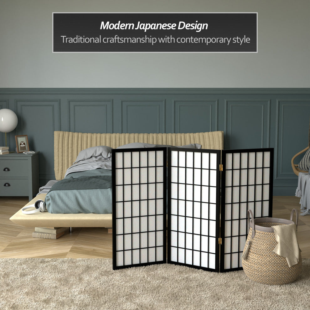 3' Tall Window Pane Shoji Screen, Black, 3 Panels