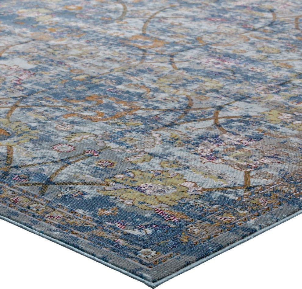 Blue Gray, Yellow and Orange Minu Distressed Floral Lattice 8x10 Area Rug