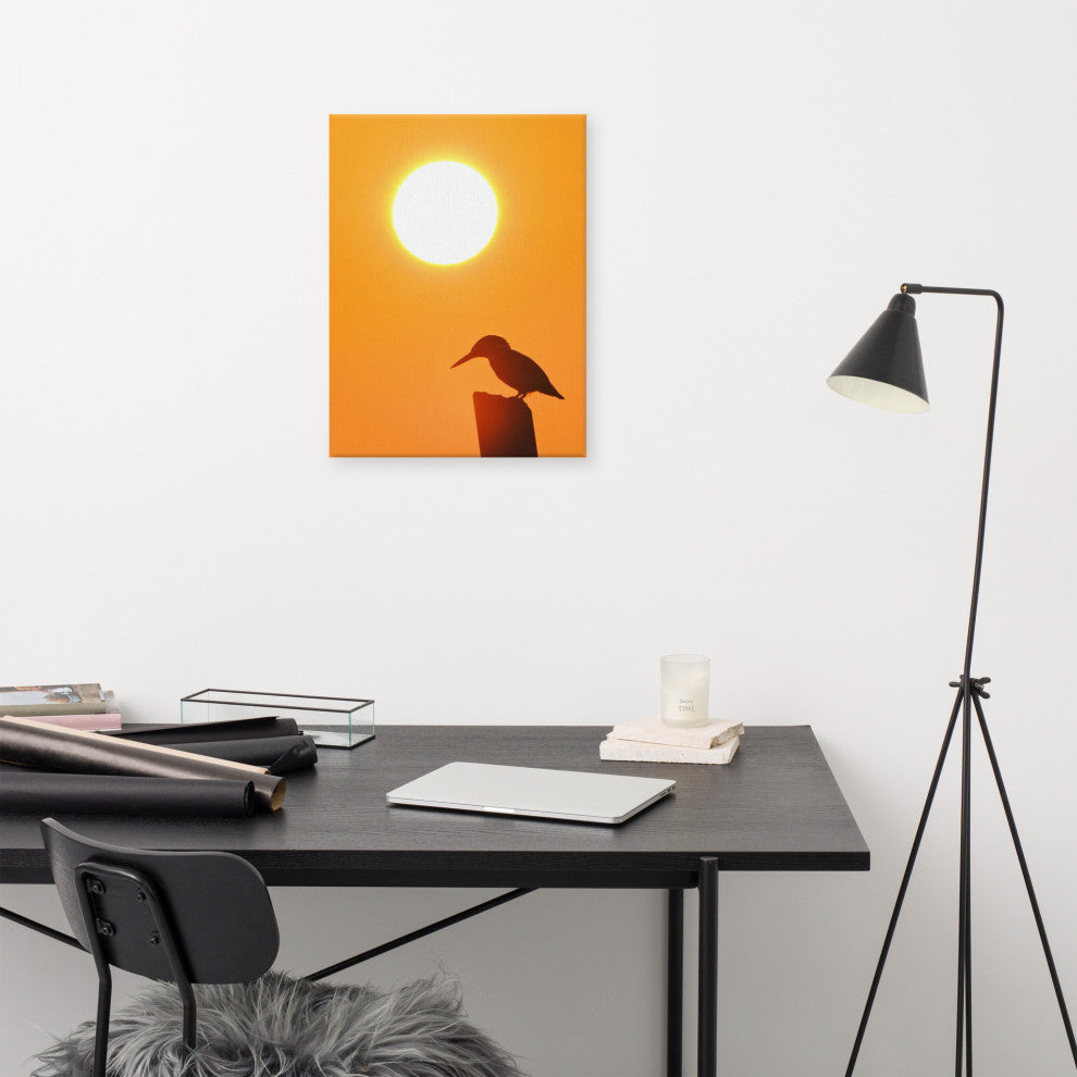 Kingfisher Bird Silhouette Sunset Animal Wildlife Photo Canvas Wall Art Prints, 18" X 24"