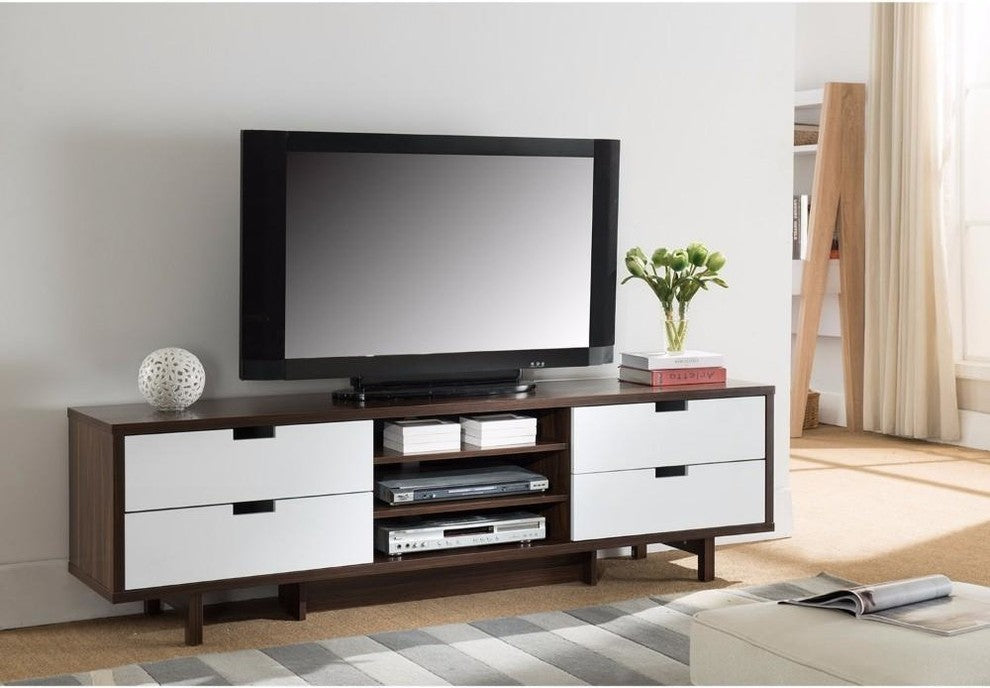 Dual Tone TV Stand With Cutout Handle Drawers, Brown and White