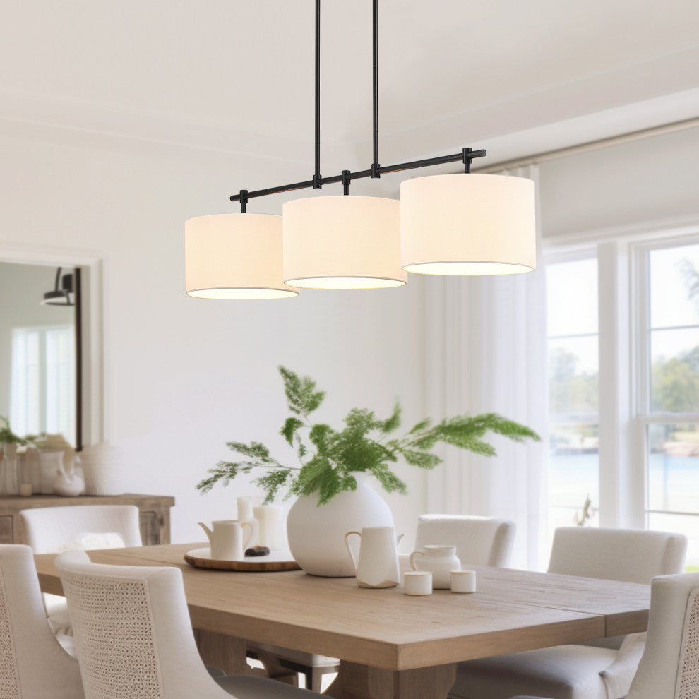 41'' W 3-Light Black Kitchen Island Chandelier With White Drum Shades