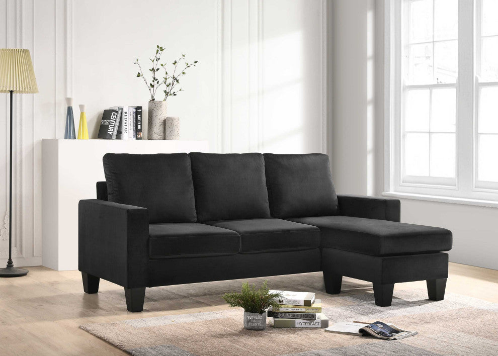 Jessica 77 in. W Flared Arm Velvet L Shaped Sofa, Black