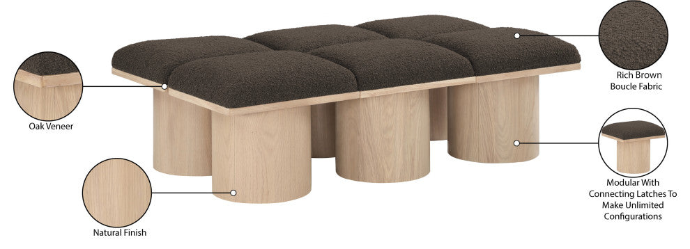 Pavilion Boucle Fabric Upholstered 6-Piece Bench, Brown, Natural Finish