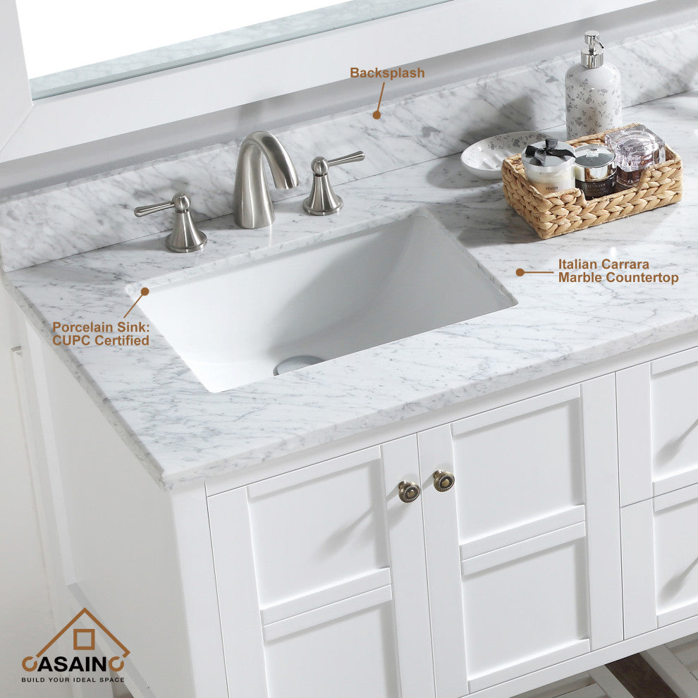 CASAINC 60" Marble Top Luxury Double Sink Bathroom Vanity, White