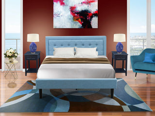 3-Piece Platform Bed Set, 1 Queen Bed Frame, 2 Night Stands Denim Blue Fabric