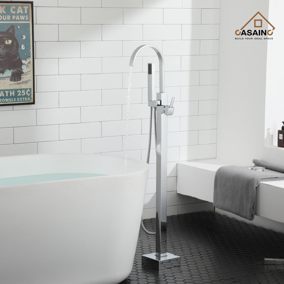 Floor Mount Bathtub Faucet with Hand Shower, Chrome