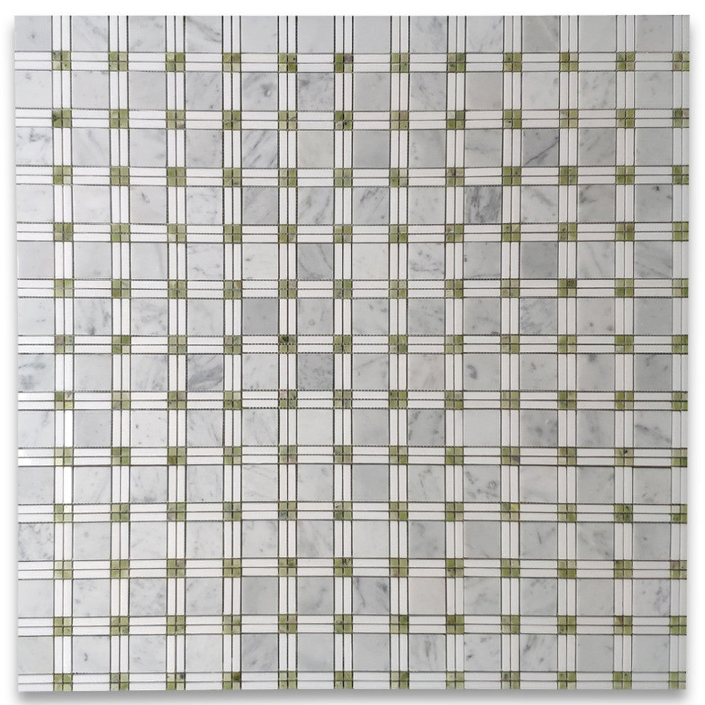 Carrara White Marble Plaid Tartan Mosaic Tile Green Thassos Polished, 1 sheet