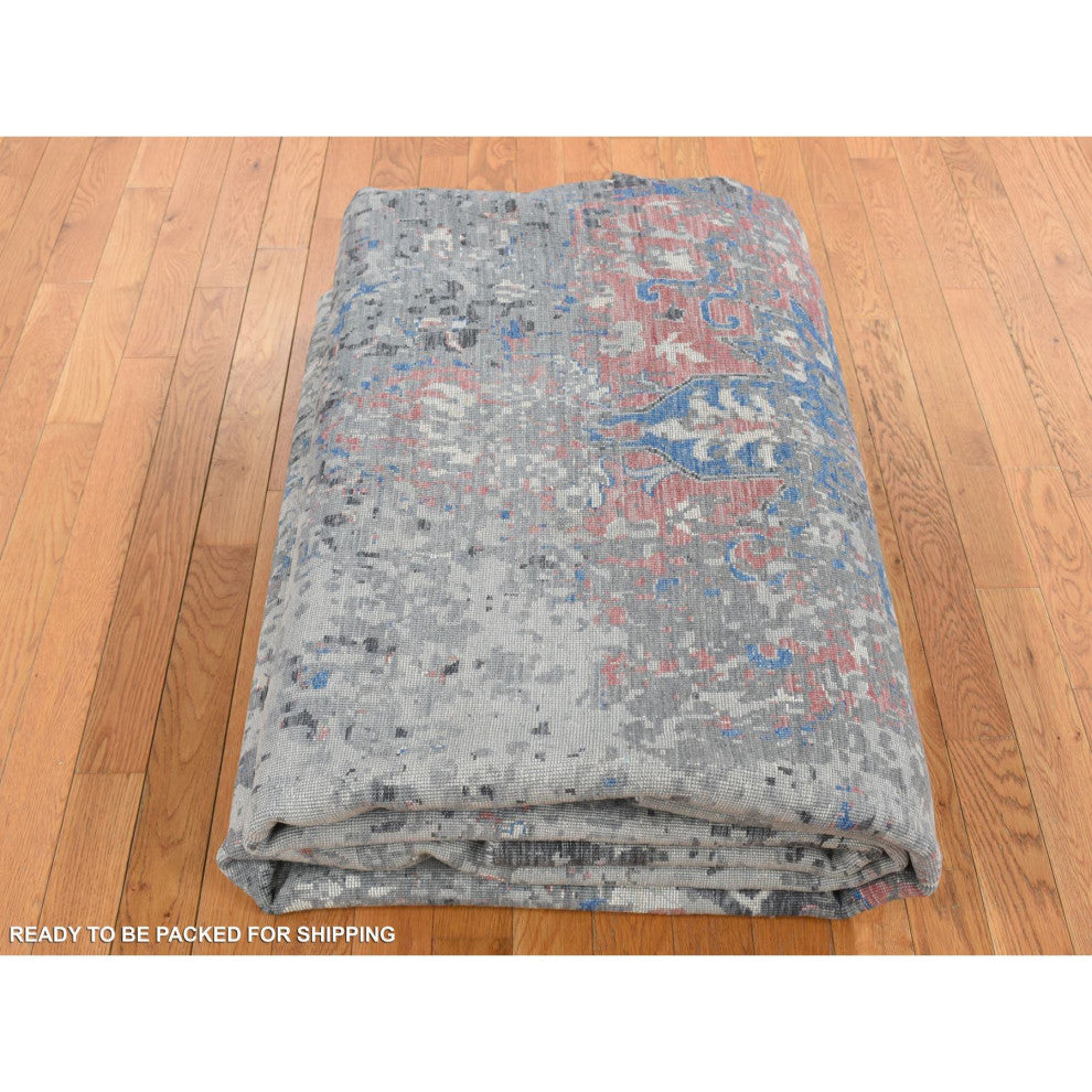 Arsenic Gray, Wool and Silk, Erased Heriz Design Hand Knotted Rug, 9'2"x12'