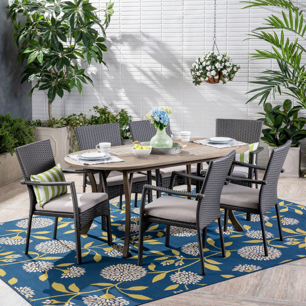 GDF Studio 7-Piece Dallas Outdoor Wood and Wicker Dining Set, Gray/Gray/Gray