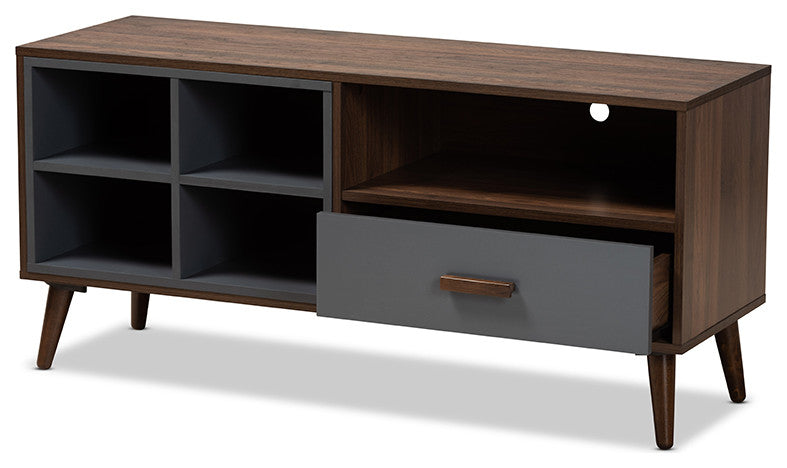 Kosen Modern Contemporary Two-Tone Gray and Walnut Brown Wood 1-Drawer TV Stand