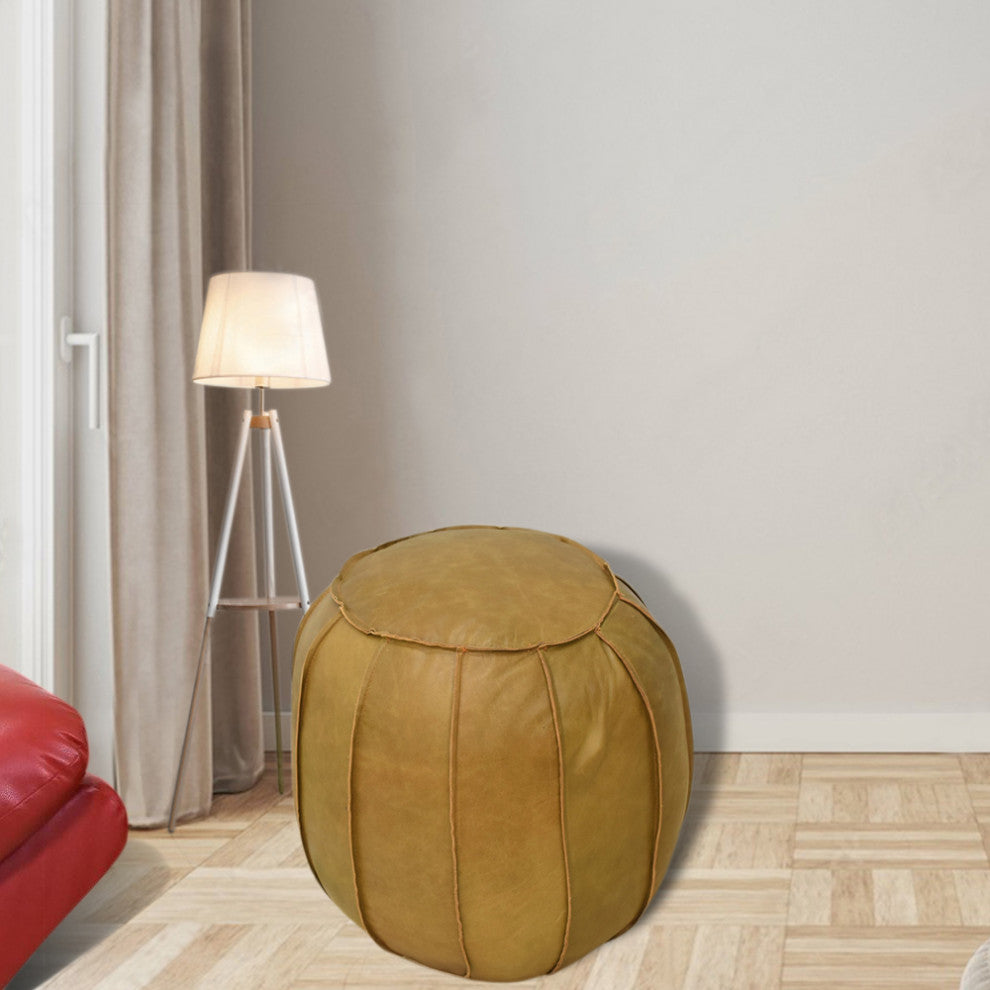 Handmade Leather Round Pouf (Recycled Foam with Fiber Fill) Cognac Color, 21x21x12