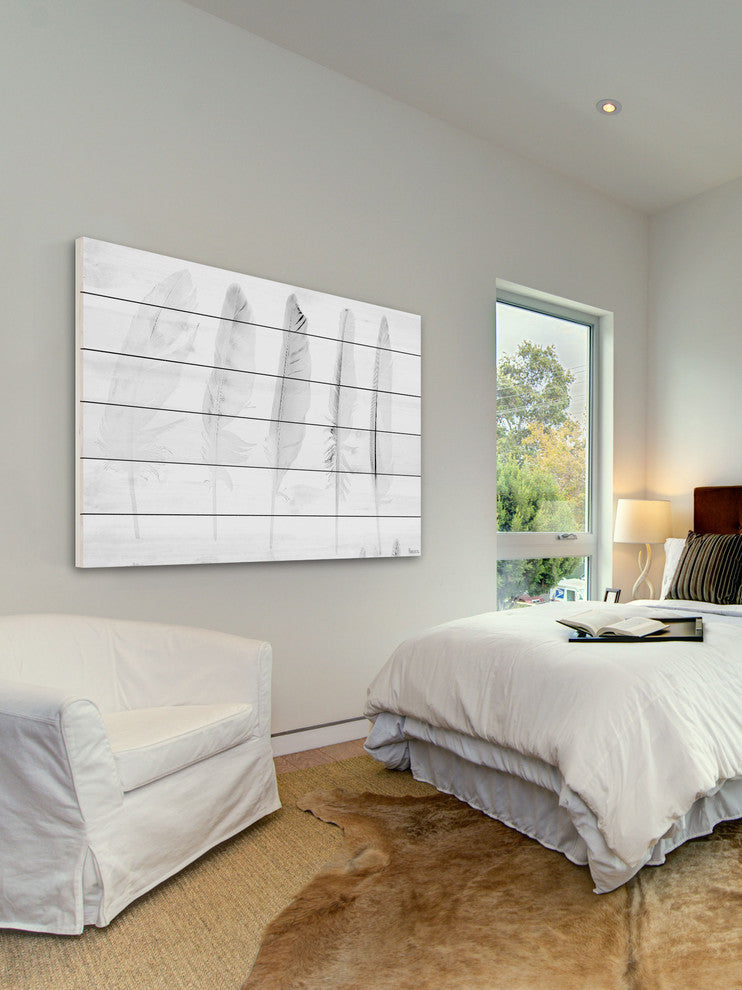 "Five White Feathers" Wall Art on Wood, 45"x30"