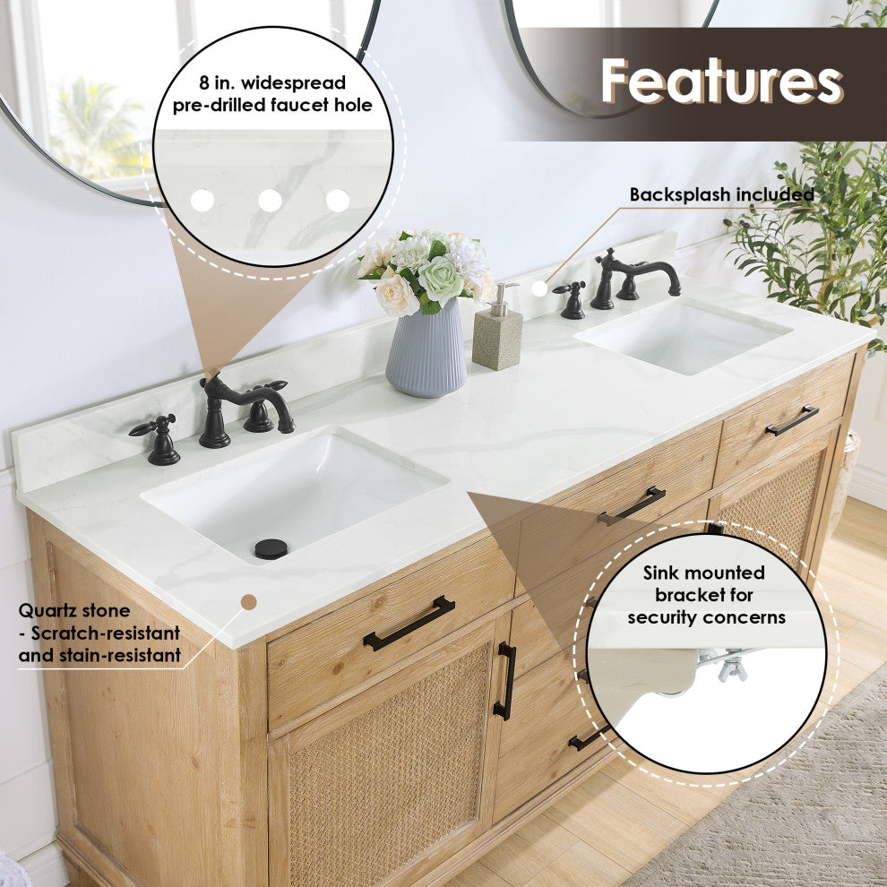 Solana Bathroom Vanity with Calacatta White Quartz Stone Countertop, Weathered Fir, 72", Without Mirror