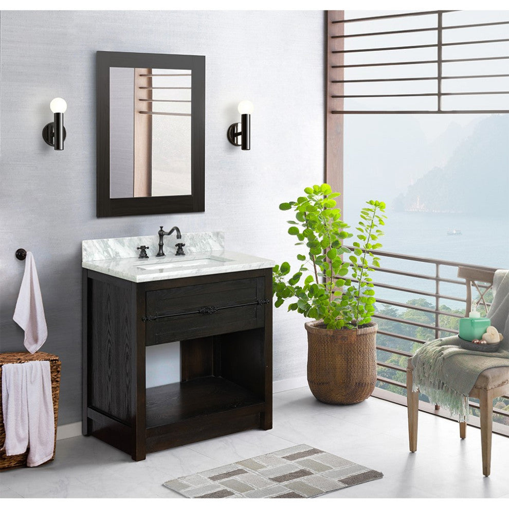 30" Single Vanity, Brown Ash, White Carrara Top, Rectangle Sink
