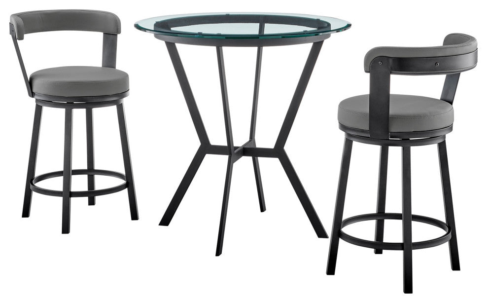 3-Piece Counter Height Dining Set In Black Metal and Gray Faux Leather