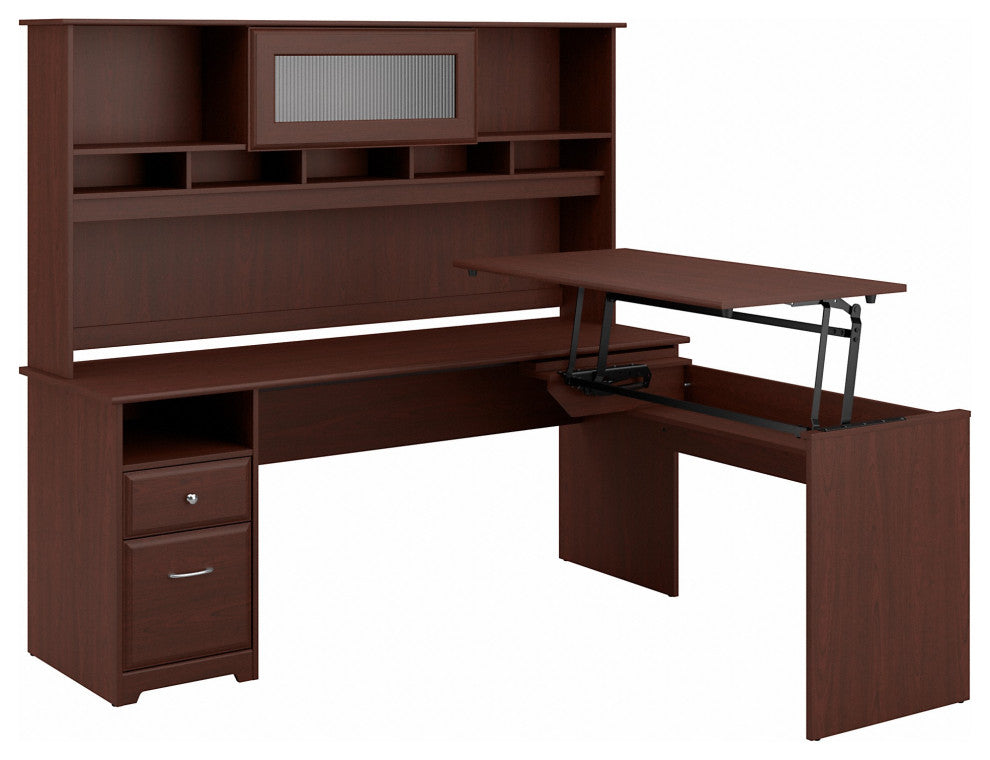 Cabot 3 Position L Shaped Sit to Stand Desk With Hutch, Harvest Cherry