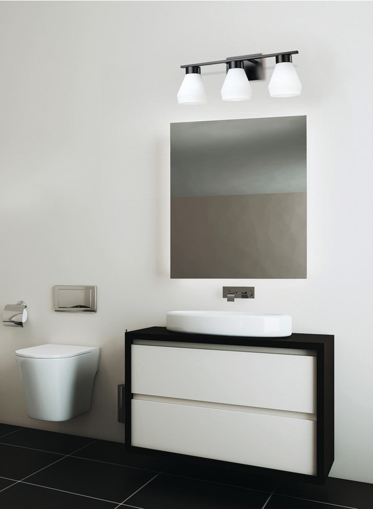 Copeland 3-Light Bath/Vanity Light, Matte Black Finish, White Glass Shade