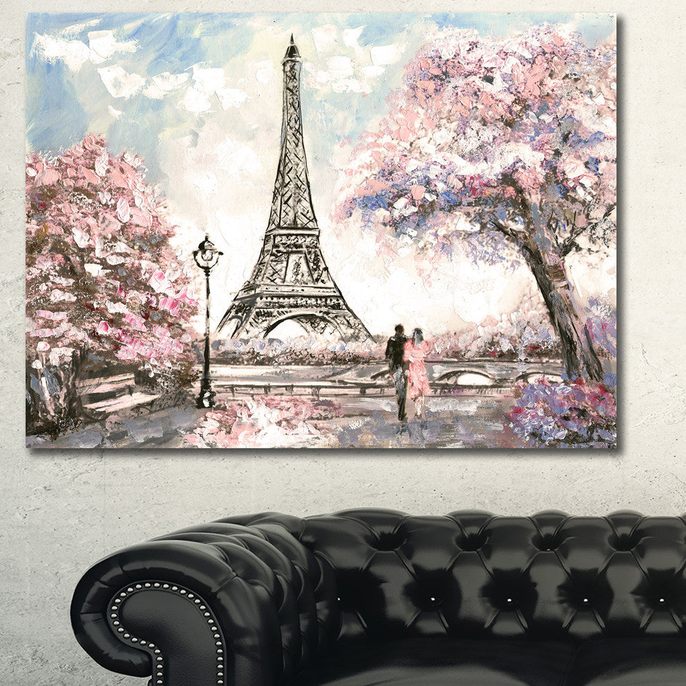 Eiffel with Pink Flowers, Landscape Canvas Art Print, 40"x30"