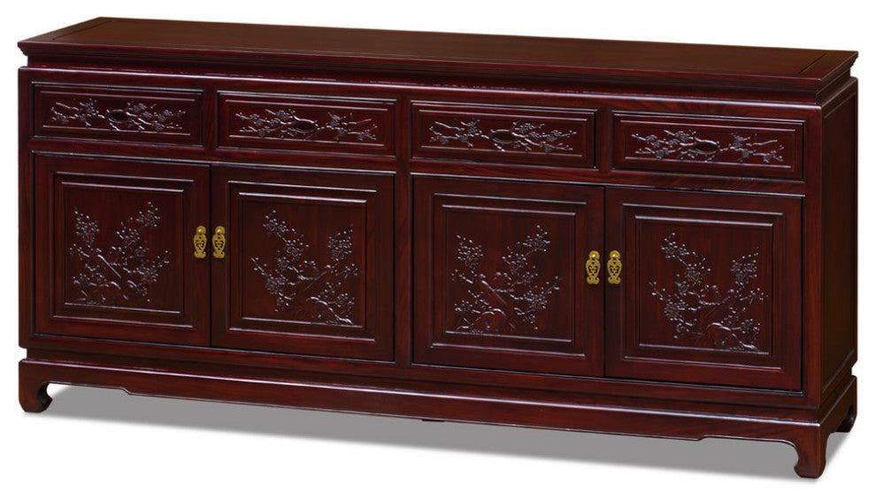 Dark Cherry Elmwood Bird and Flower Motif Oriental Sideboard