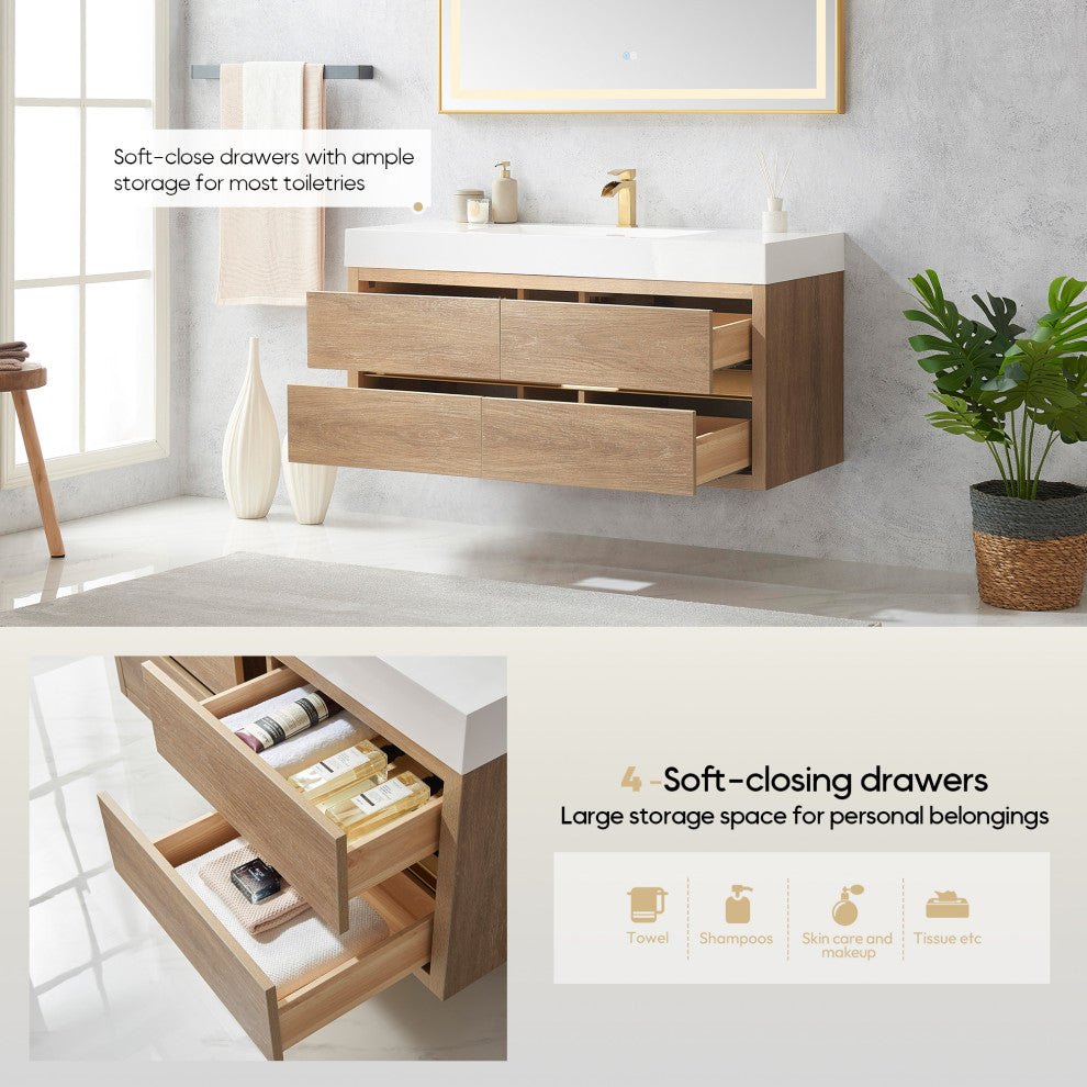 Palencia Floating Bath Vanity With Composite Stone Top, North American Oak, 48", No Mirror