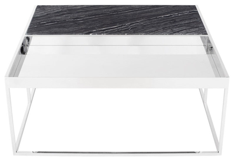 Corbett Square Coffee Table, Chrome Coffee Table, Modern Black Marble