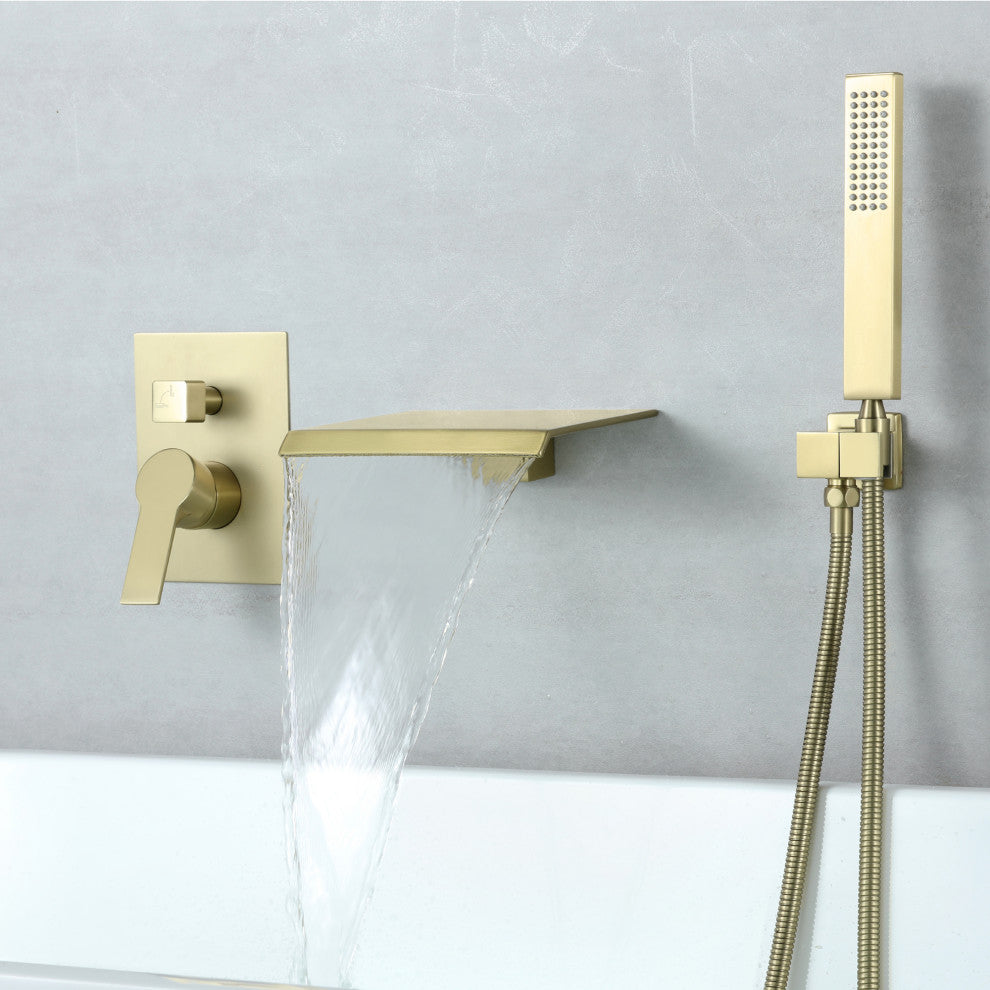 Wellfor Shower Faucet Set, Waterfall Tub Spout and Hand Shower, Brushed Gold