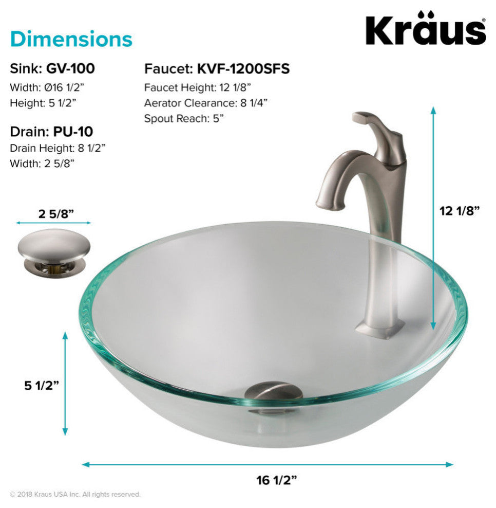 Glass Vessel Sink, Arlo Bathroom Faucet, Drain, Ring, Spot Free Stainless Steel
