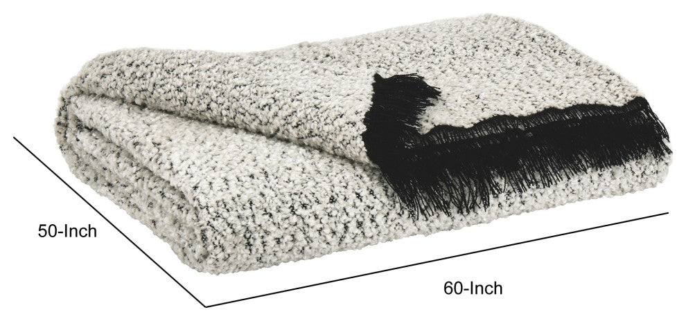 Benzara BM232948 Polyester Chenille Blend Throw With Fringe Details, Black/White
