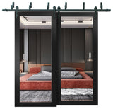 Barn Bypass Doors 64 x 84, Lucia 1299 Matte Black & Mirror, 6.6' Rail