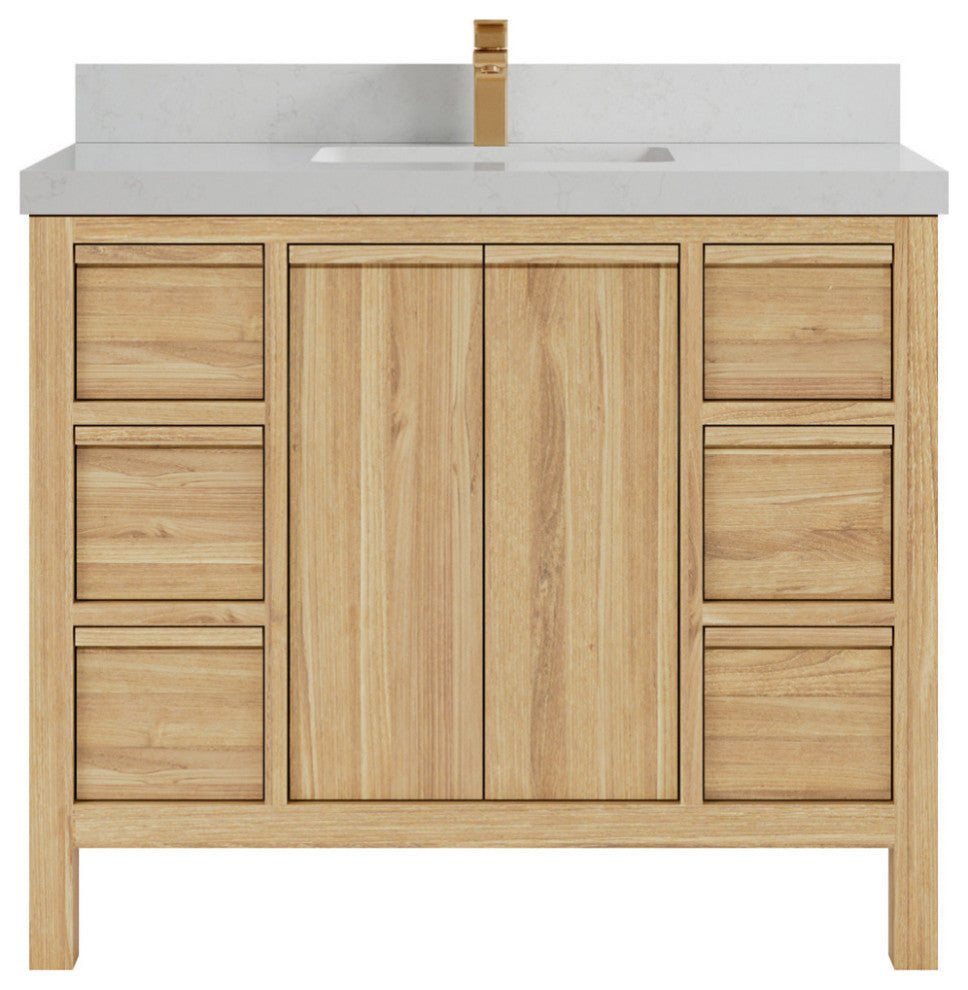 Elizabeth 42 Single Sink Bath Vanity in Light Natural Teak 2" Carrara Quartz
