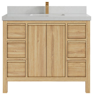 Elizabeth 42 Single Sink Bath Vanity in Light Natural Teak 2" Carrara Quartz